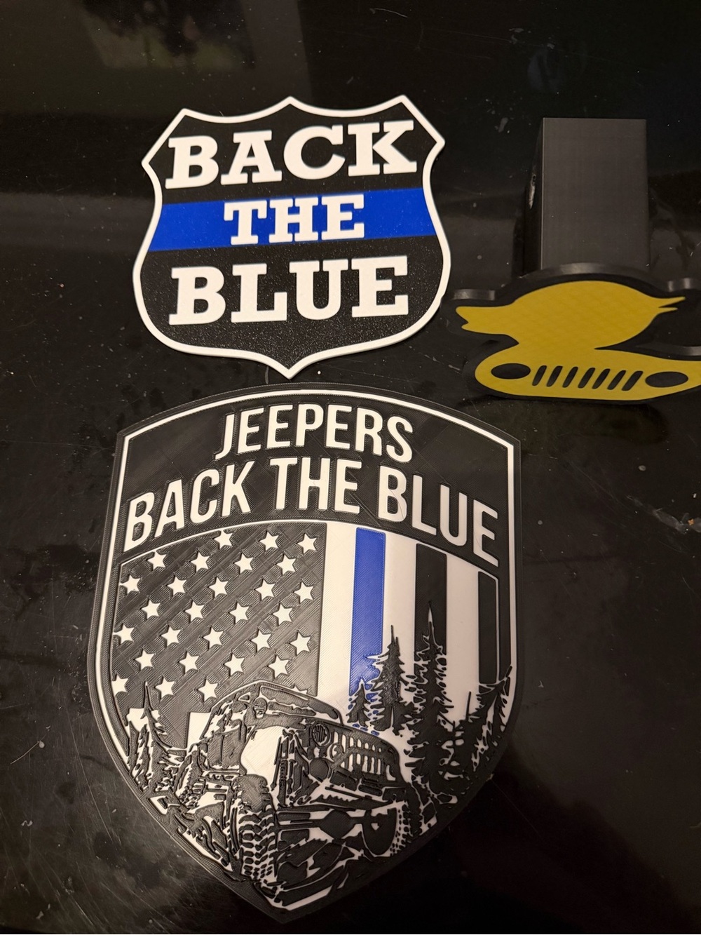 Jeep Back The Blue plaque Black, White & Royal Blue Stripe and duck tow hitch